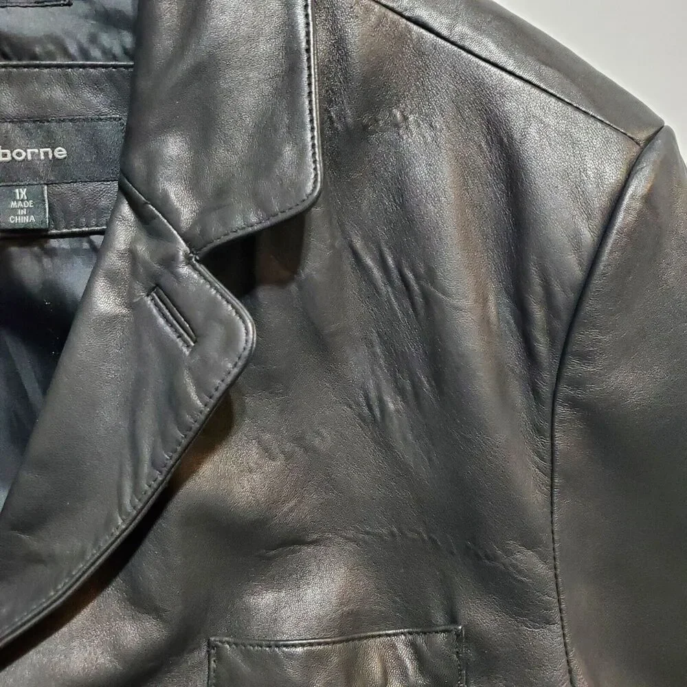 Claiborne Longer Coat Men 1X Black Lambskin Leather Jacket 3 Button Lined Blazer